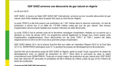 GDF SUEZ annonce une découverte de gaz naturel en Algérie