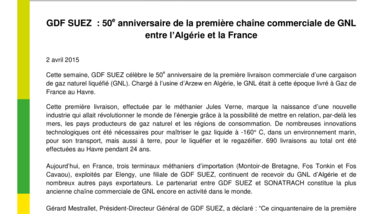 GDF SUEZ - 50e anniversaire de la première chaîne commerciale de GNL entre l’Algérie et la France