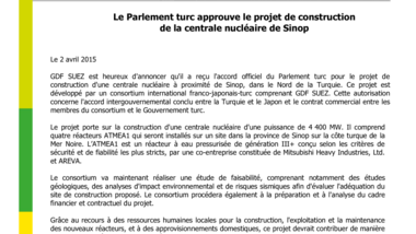 Le Parlement turc approuve le projet de construction de la centrale nucléaire de Sinop