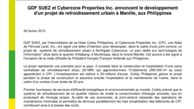 GDF SUEZ et Cyberzone Properties Inc. annoncent le développement d'un projet de refroidissement urbain à Manille, aux Philippines