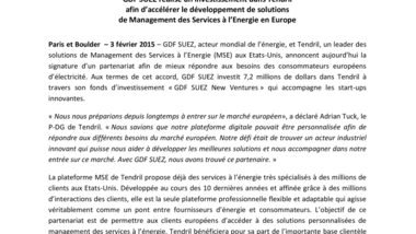 ENGIE réalise un investissement dans Tendril afin d’accélérer le développement de solutions de Management des Services à l’Energie en Europe