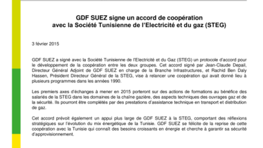 GDF SUEZ signe un accord de coopération avec la Société Tunisienne de l’Electricité et du gaz (STEG)