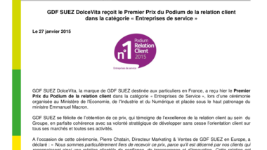 GDF SUEZ DolceVita reçoit le Premier Prix du Podium de la relation client dans la catégorie «Entreprises de service»