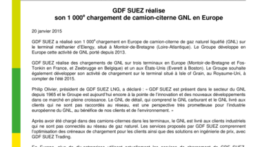 GDF SUEZ réalise son 1 000e chargement de camion-citerne GNL en Europe