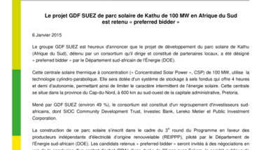 Le projet GDF SUEZ de parc solaire de Kathu de 100 MW en Afrique du Sud est retenu «preferred bidder»