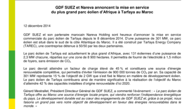 GDF SUEZ et Nareva annoncent la mise en service du plus grand parc éolien d’Afrique à Tarfaya au Maroc