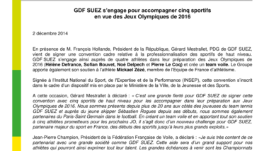 GDF SUEZ s’engage pour accompagner cinq sportifs en vue des Jeux Olympiques de 2016