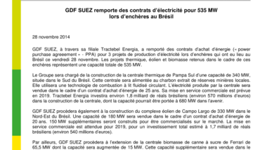 GDF SUEZ remporte des contrats d’électricité pour 535 MW lors d’enchères au Brésil