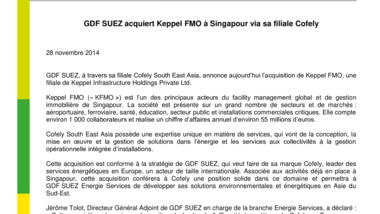 GDF SUEZ acquiert Keppel FMO à Singapour via sa filiale Cofely