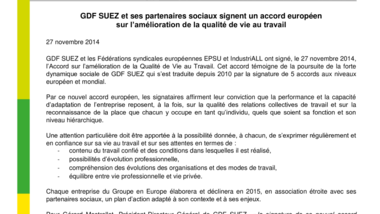 GDF SUEZ et ses partenaires sociaux signent un accord européen sur l’amélioration de la qualité de vie au travail