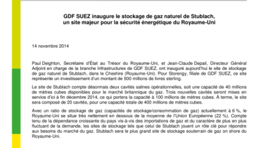 GDF SUEZ inaugure le stockage de gaz naturel de Stublach, un site majeur pour la sécurité énergétique du Royaume-Uni