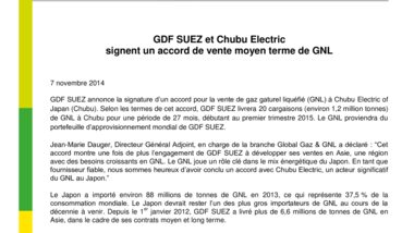 GDF SUEZ et Chubu Electric signent un accord de vente moyen terme de GNL