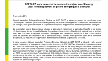 GDF SUEZ signe un accord de coopération majeur avec Shenergy pour le développement de projets énergétiques à Shanghai