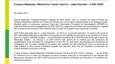 François Rebsamen, Ministre du Travail, remet le «Label Diversité» à GDF SUEZ