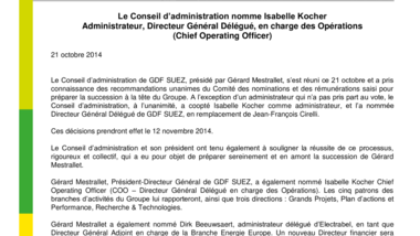 Le Conseil d’administration nomme Isabelle Kocher Administrateur, Directeur Général Délégué, en charge des Opérations (Chief Operating Officer)