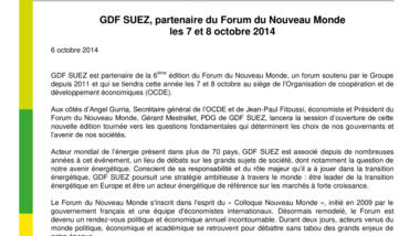 GDF SUEZ, partenaire du Forum du Nouveau Monde les 7 et 8 octobre 2014
