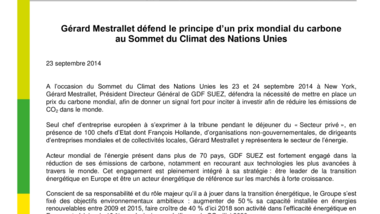 Gérard Mestrallet défend le principe d’un prix mondial du carbone au Sommet du Climat des Nations Unies