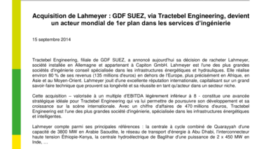 Acquisition de Lahmeyer : GDF SUEZ, via Tractebel Engineering, devient un acteur mondial de 1er plan dans les services d’ingénierie