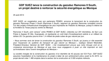 GDF SUEZ lance la construction du gazoduc Ramones II South, un projet destiné à renforcer la sécurité énergétique au Mexique