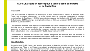 GDF SUEZ signe un accord pour la vente d'actifs au Panama et au Costa Rica