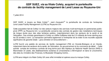 GDF SUEZ, via sa filiale Cofely, acquiert le portefeuille de contrats de facility management de Lend Lease au Royaume-Uni