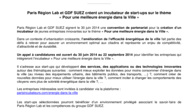 Paris Région Lab et GDF SUEZ créent un incubateur de start-ups sur le thème «Pour une meilleure énergie dans la Ville»