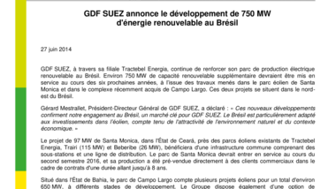 GDF SUEZ annonce le développement de 750 MW d'énergie renouvelable au Brésil