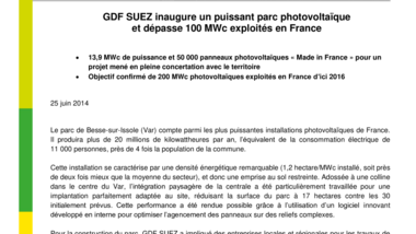 GDF SUEZ inaugure un puissant parc photovoltaïque et dépasse 100 MWc exploités en France