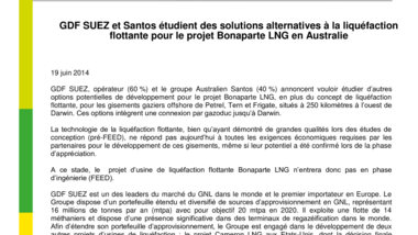 GDF SUEZ et Santos étudient des solutions alternatives à la liquéfaction flottante pour le projet Bonaparte LNG en Australie
