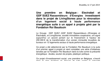 Une première en Belgique : Electrabel et GDF SUEZ Rassembleurs d’Energies investissent dans le projet de LivingStones pour la rénovation d’un logement social à haute performance énergétique suite à un appel à projets géré par la Fondation Roi Baudouin