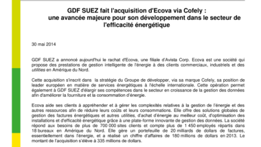 GDF SUEZ fait l'acquisition d'Ecova via Cofely : une avancée majeure pour son développement dans le secteur de l'efficacité énergétique