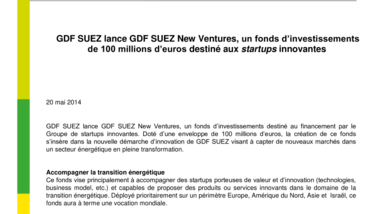 GDF SUEZ lance GDF SUEZ New Ventures, un fonds d’investissements de 100 millions d’euros destiné aux startups innovantes