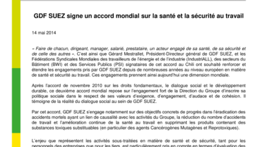 GDF SUEZ signe un accord mondial sur la santé et la sécurité au travail