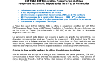 Résultats de l’appel d’offres éolien en mer : GDF SUEZ, EDP Renewables, Neoen Marine et AREVA remportent les zones du Tréport et des îles d’Yeu et Noirmoutier