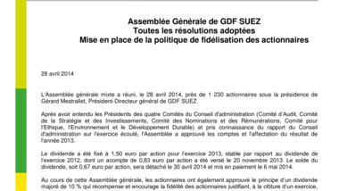 Assemblée Générale de GDF SUEZ - Toutes les résolutions adoptées - Mise en place de la politique de fidélisation des actionnaires