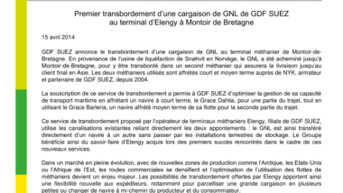 Premier transbordement d’une cargaison de GNL de GDF SUEZ au terminal d’Elengy à Montoir de Bretagne