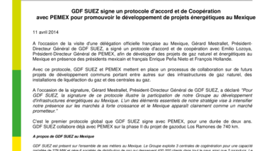 GDF SUEZ signe un protocole d'accord et de Coopération avec PEMEX pour promouvoir le développement de projets énergétiques au Mexique