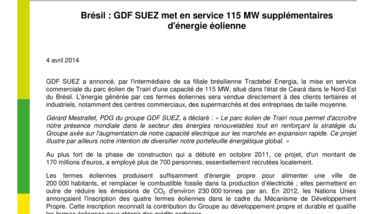 Brésil - GDF SUEZ met en service 115 MW supplémentaires d'énergie éolienne
