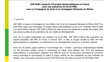 GDF SUEZ remporte 10 projets photovoltaïques en France pour une puissance de 53,35 MWc avec La Compagnie du Vent et La Compagnie Nationale du Rhône