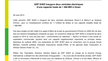 GDF SUEZ inaugure deux centrales électriques d'une capacité totale de 1 488 MW à Oman