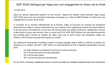 GDF SUEZ distingué par Vigeo pour son engagement en faveur de la mixité
