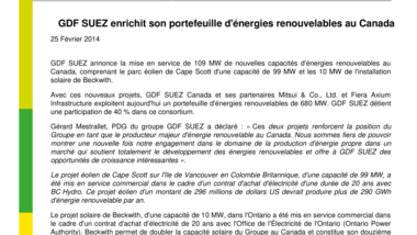 GDF SUEZ enrichit son portefeuille d'énergies renouvelables au Canada