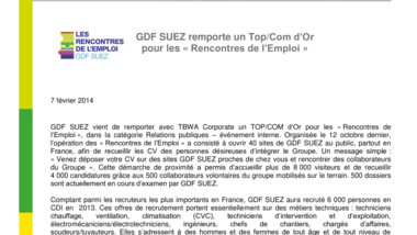 GDF SUEZ remporte un Top/Com d’Or pour les «Rencontres de l’Emploi»