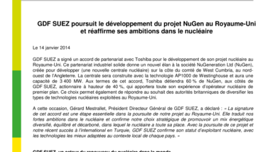 GDF SUEZ poursuit le développement du projet NuGen au Royaume-Uni et réaffirme ses ambitions dans le nucléaire