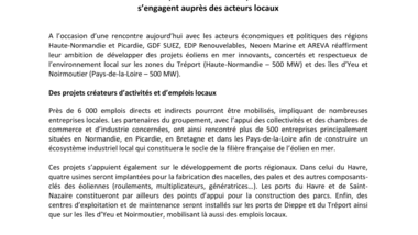 Eolien en mer - GDF SUEZ, EDP Renouvelables, Neoen Marine et AREVA s’engagent auprès des acteurs locaux