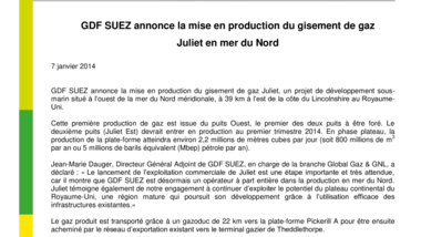 GDF SUEZ annonce la mise en production du gisement de gaz Juliet en mer du Nord