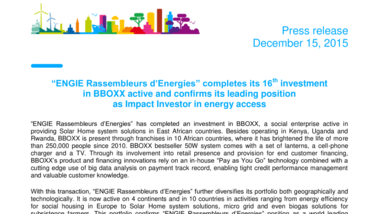 “ENGIE Rassembleurs d’Energies” completes its 16th investment in BBOXX active and confirms its leading position as Impact Investor in energy access