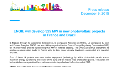 ENGIE will develop 325 MW in new photovoltaic projects in France and Brazil