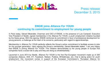 ENGIE rejoint l’Alliance For YOUth et poursuit son engagement pour l’employabilité des jeunes