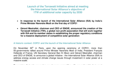 Launch of the Terrawatt Initiative aimed at meeting the International Solar Alliance’s objective of 1TW of additional solar capacity by 2030
